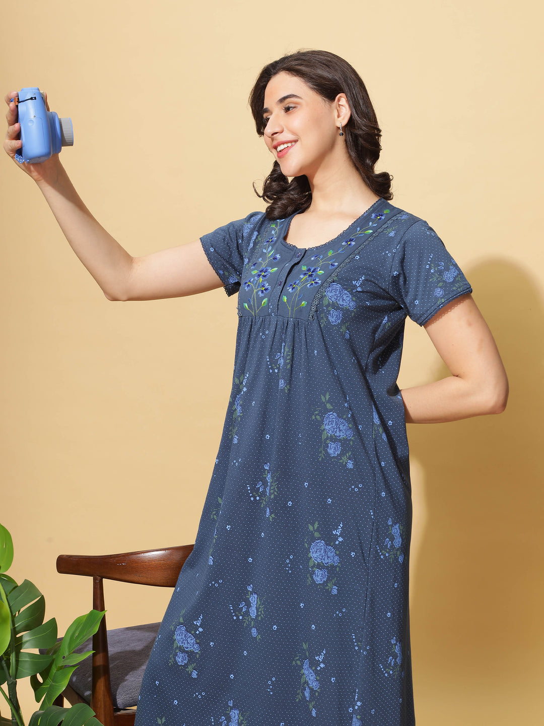 Ink Blue Cotton Blend - Branded Front Open Nighty for Women