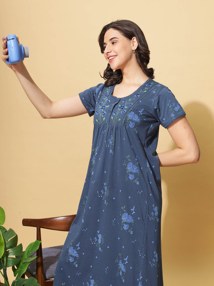 Ink Blue Cotton Blend - Branded Front Open Nighty for Women