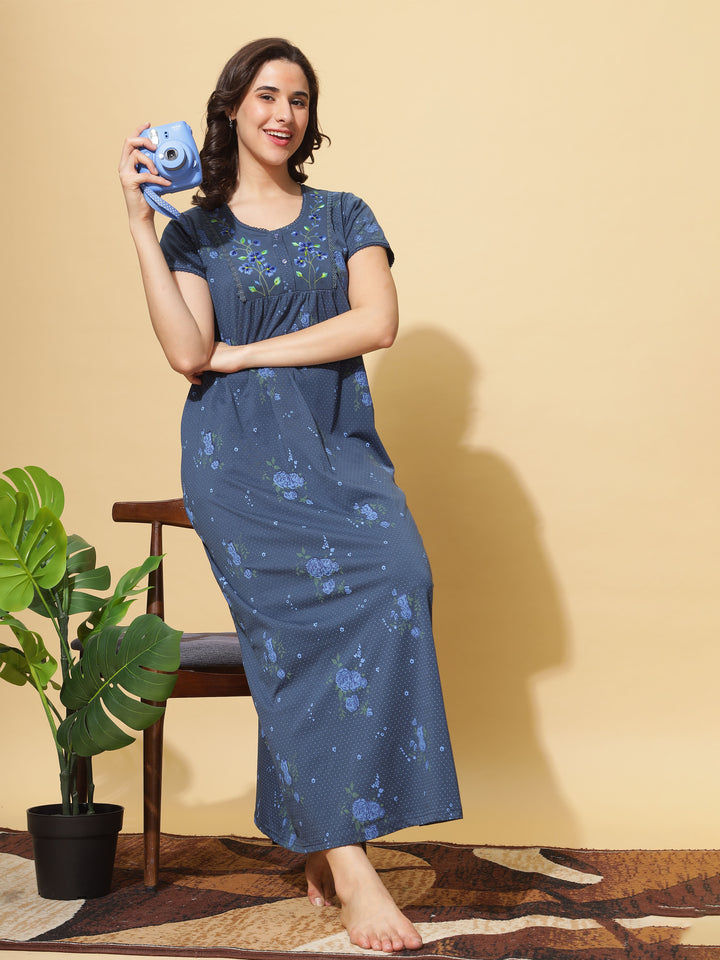 Ink Blue Cotton Blend - Branded Front Open Nighty for Women