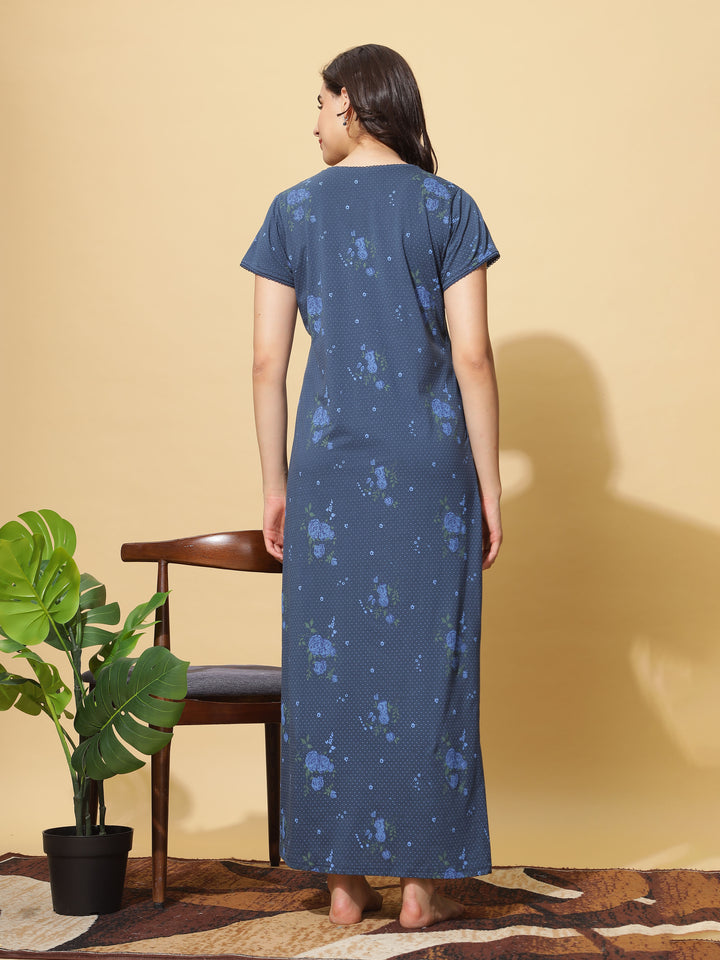 Ink Blue Cotton Blend - Branded Front Open Nighty for Women