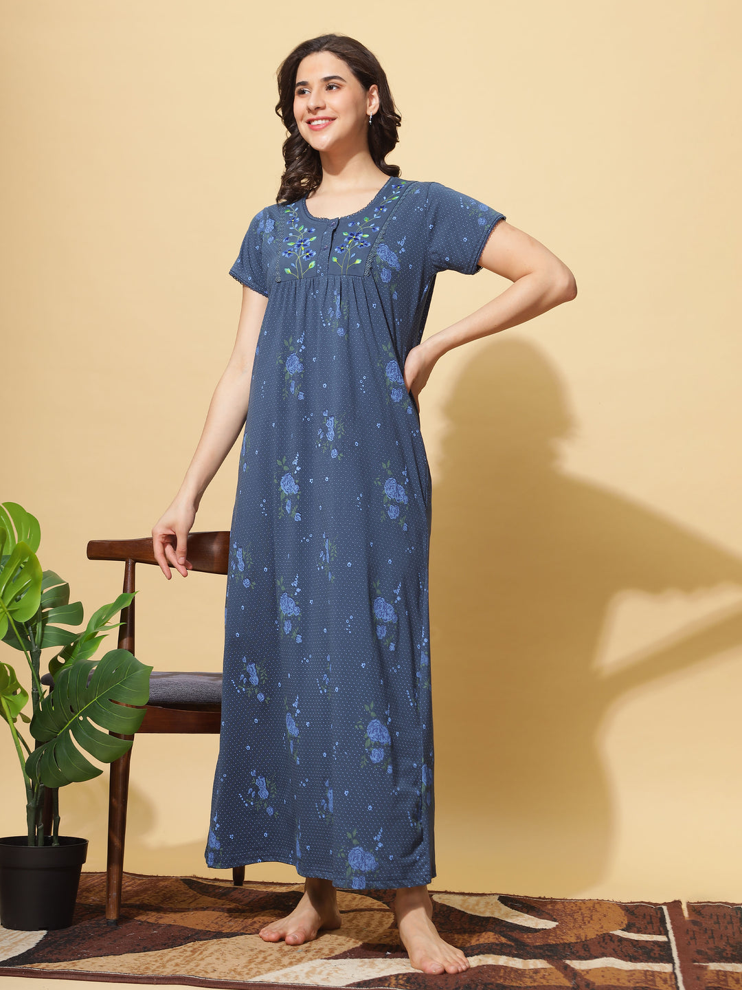 Ink Blue Cotton Blend - Branded Front Open Nighty for Women