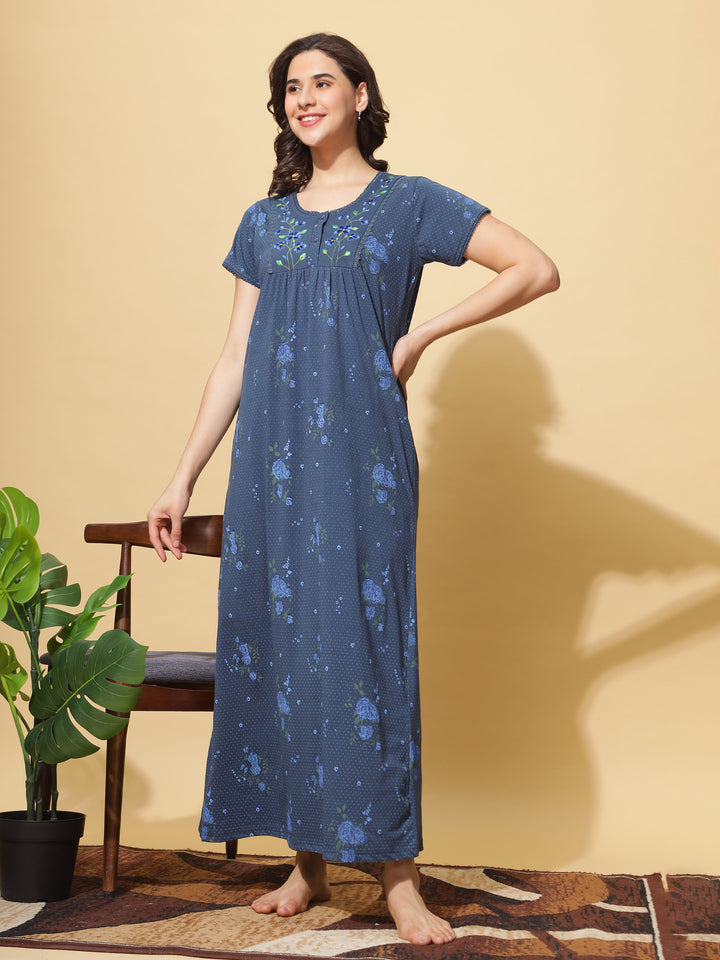 Ink Blue Cotton Blend - Branded Front Open Nighty for Women