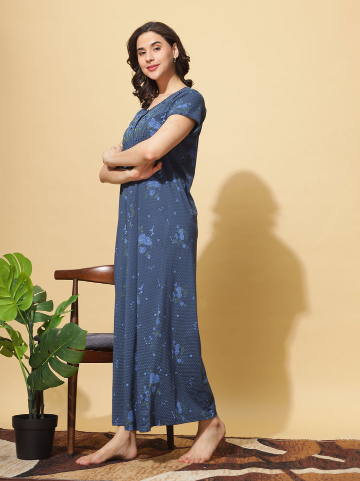 Ink Blue Cotton Blend - Branded Front Open Nighty for Women