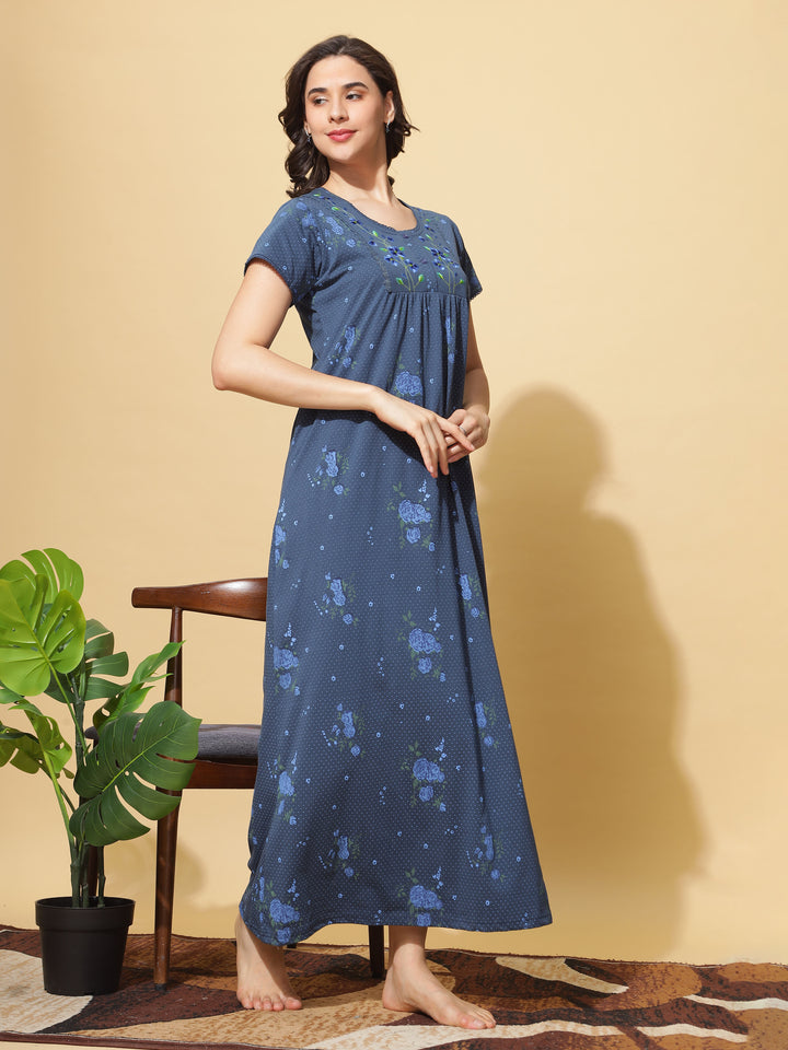 Ink Blue Cotton Blend - Branded Front Open Nighty for Women