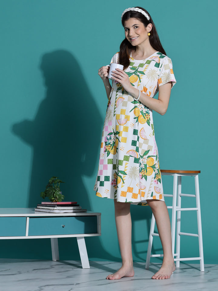 Gloss Malai Ivory Citrus Nighty for Women in Aesthetic Tropical Print