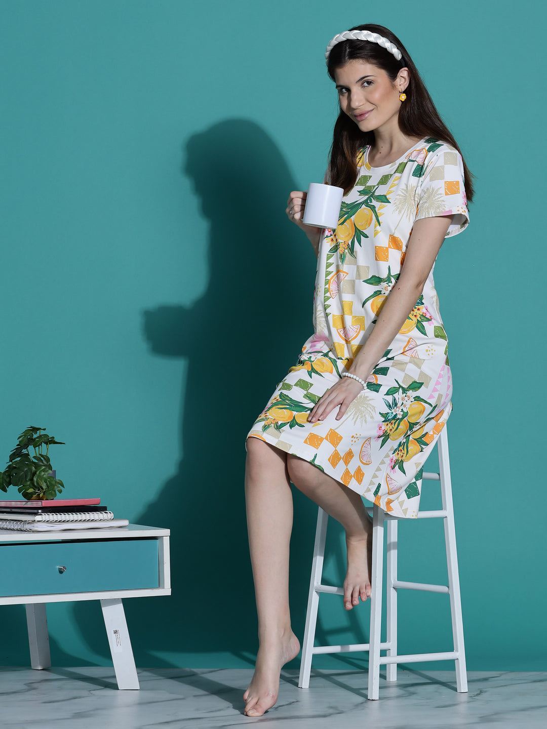 Gloss Malai Ivory Citrus Nighty for Women in Aesthetic Tropical Print