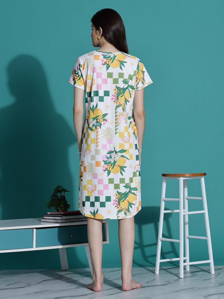 Gloss Malai Ivory Citrus Nighty for Women in Aesthetic Tropical Print