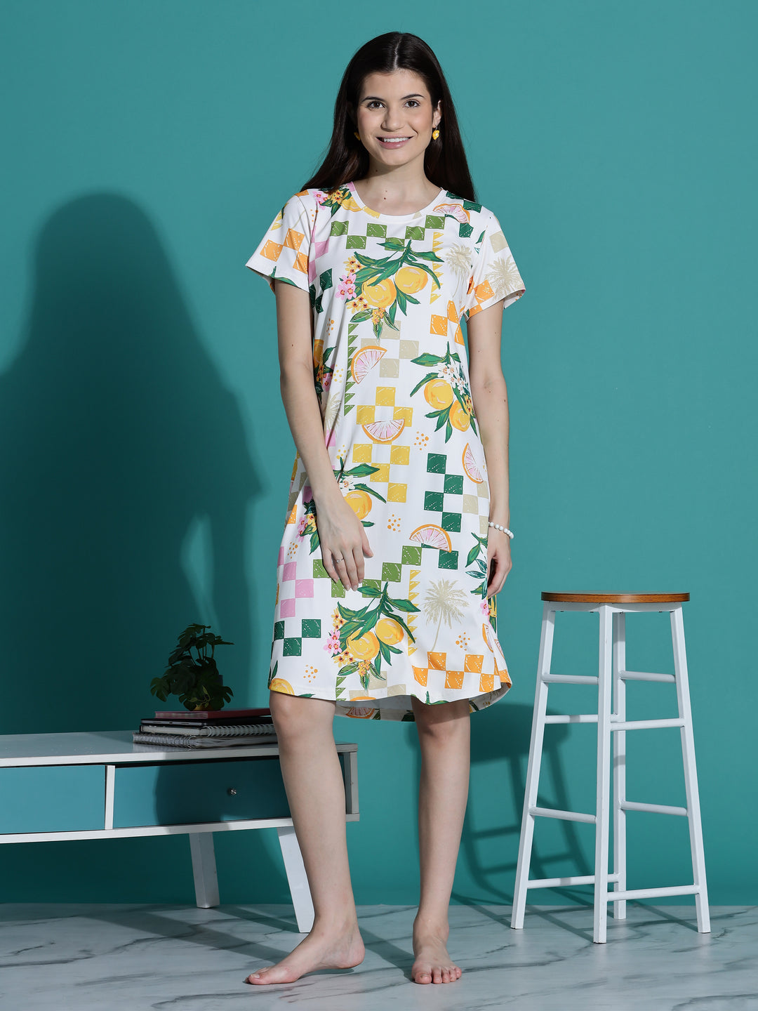 Gloss Malai Ivory Citrus Nighty for Women in Aesthetic Tropical Print