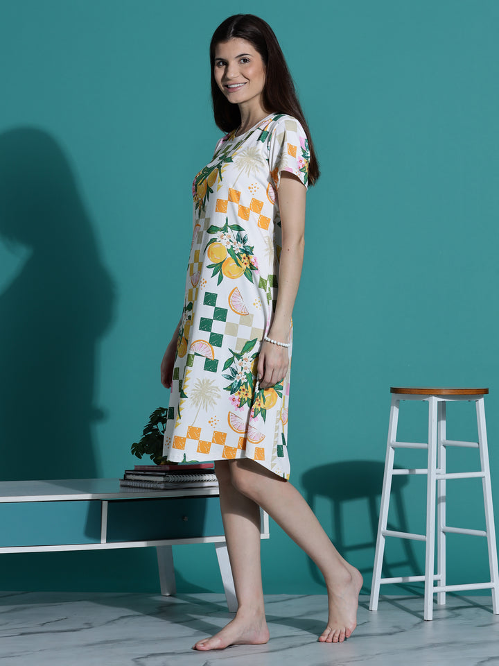 Gloss Malai Ivory Citrus Nighty for Women in Aesthetic Tropical Print