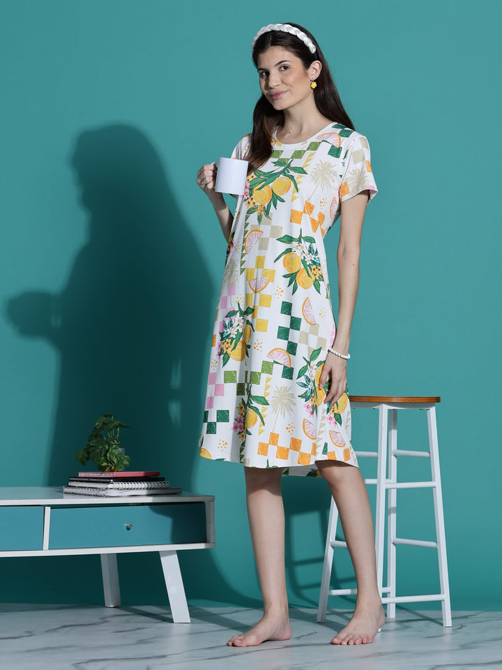 Gloss Malai Ivory Citrus Nighty for Women in Aesthetic Tropical Print
