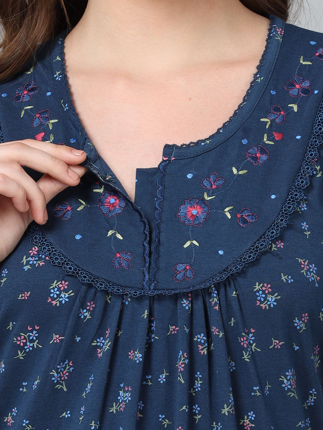 Jet Blue Embroidered Cozy Front Open Nighty for Feeding