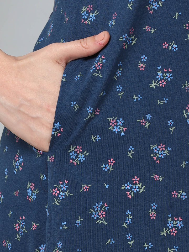 Jet Blue Embroidered Cozy Front Open Nighty for Feeding