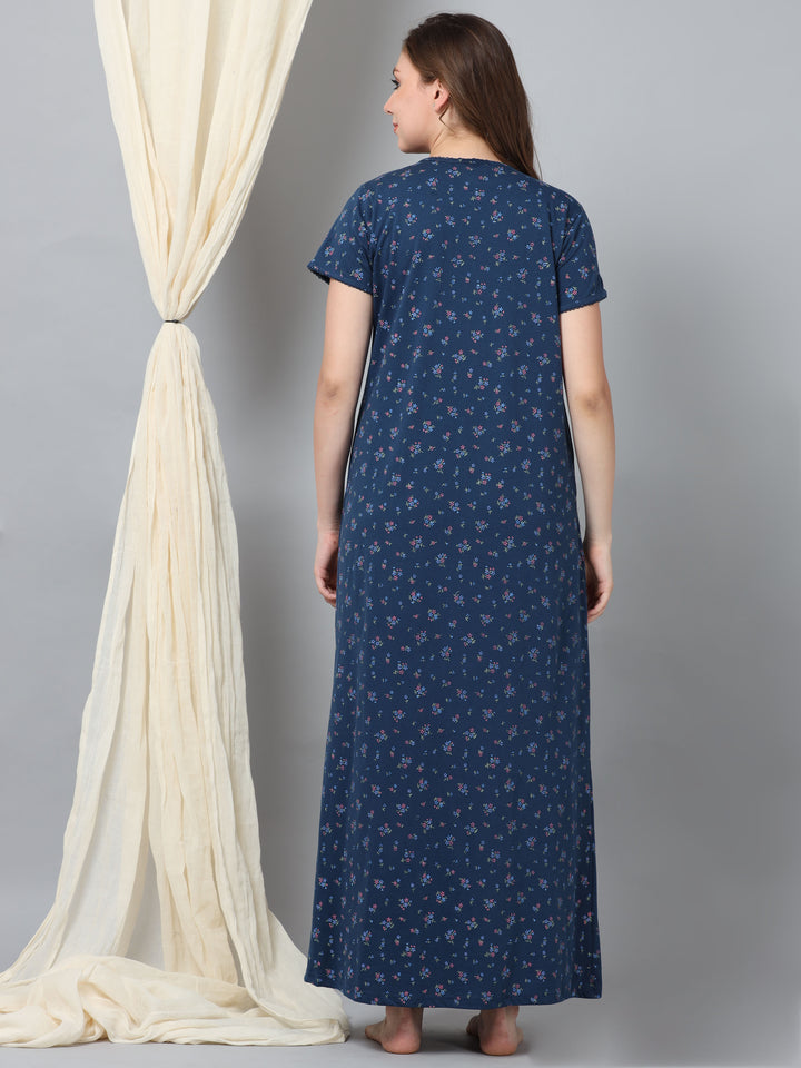 Jet Blue Embroidered Cozy Front Open Nighty for Feeding