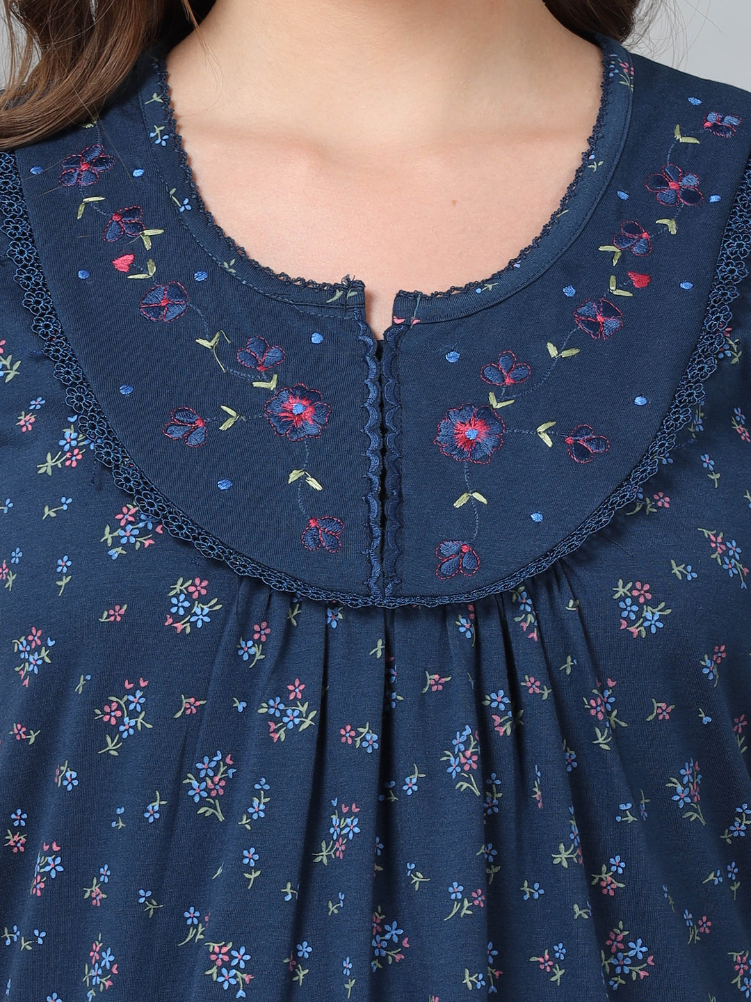 Jet Blue Embroidered Cozy Front Open Nighty for Feeding