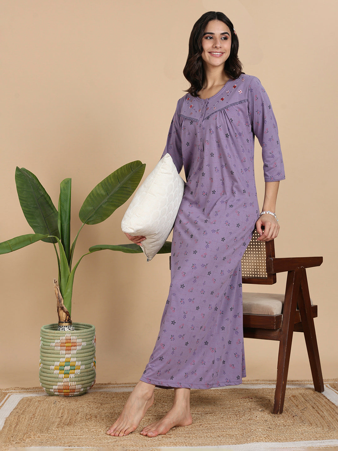 Lavender Cotton Blend 3/4 Sleeves Nighty Dress for Women