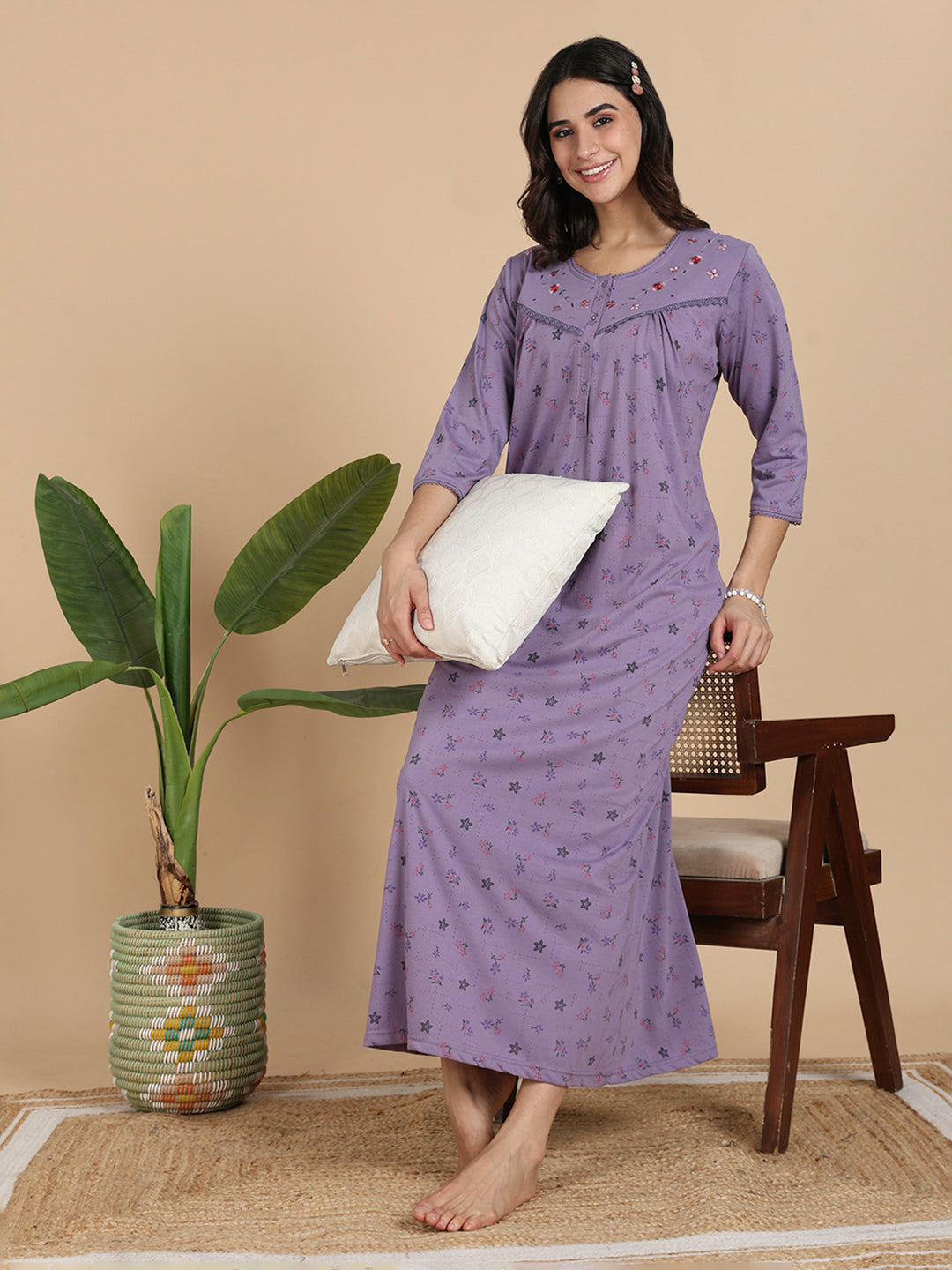Lavender Cotton Blend 3/4 Sleeves Nighty Dress for Women