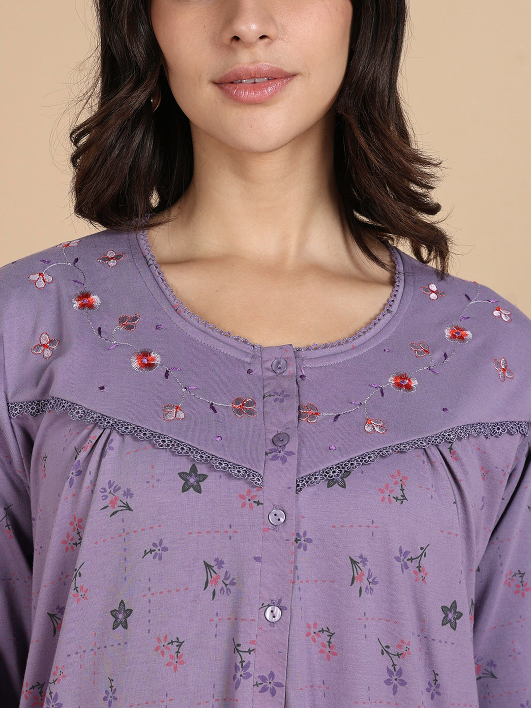 Lavender Cotton Blend 3/4 Sleeves Nighty Dress for Women