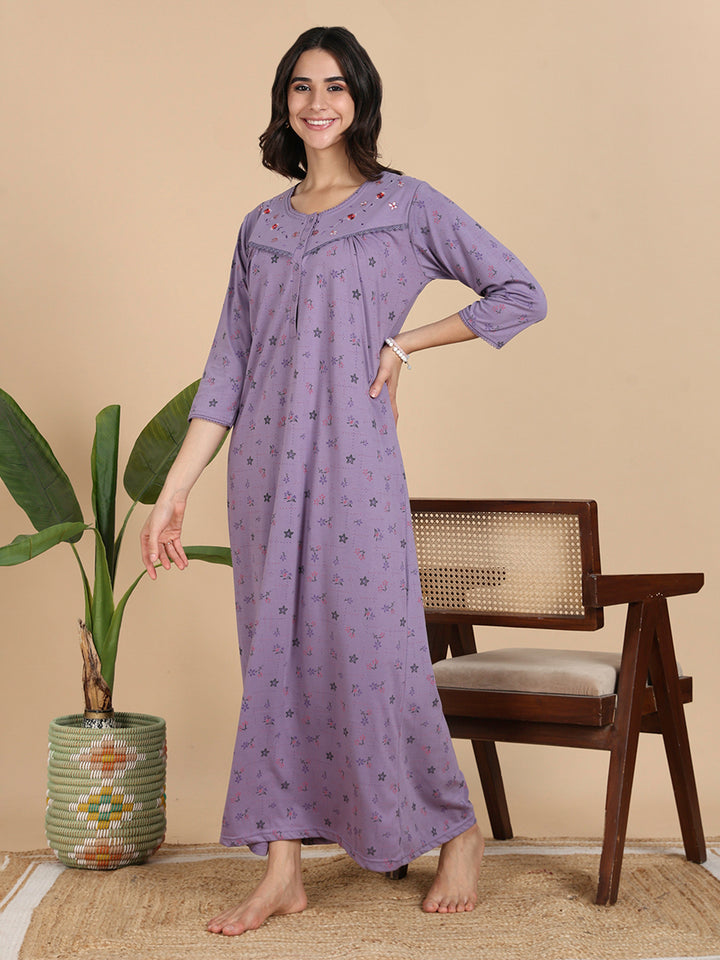 Lavender Cotton Blend 3/4 Sleeves Nighty Dress for Women