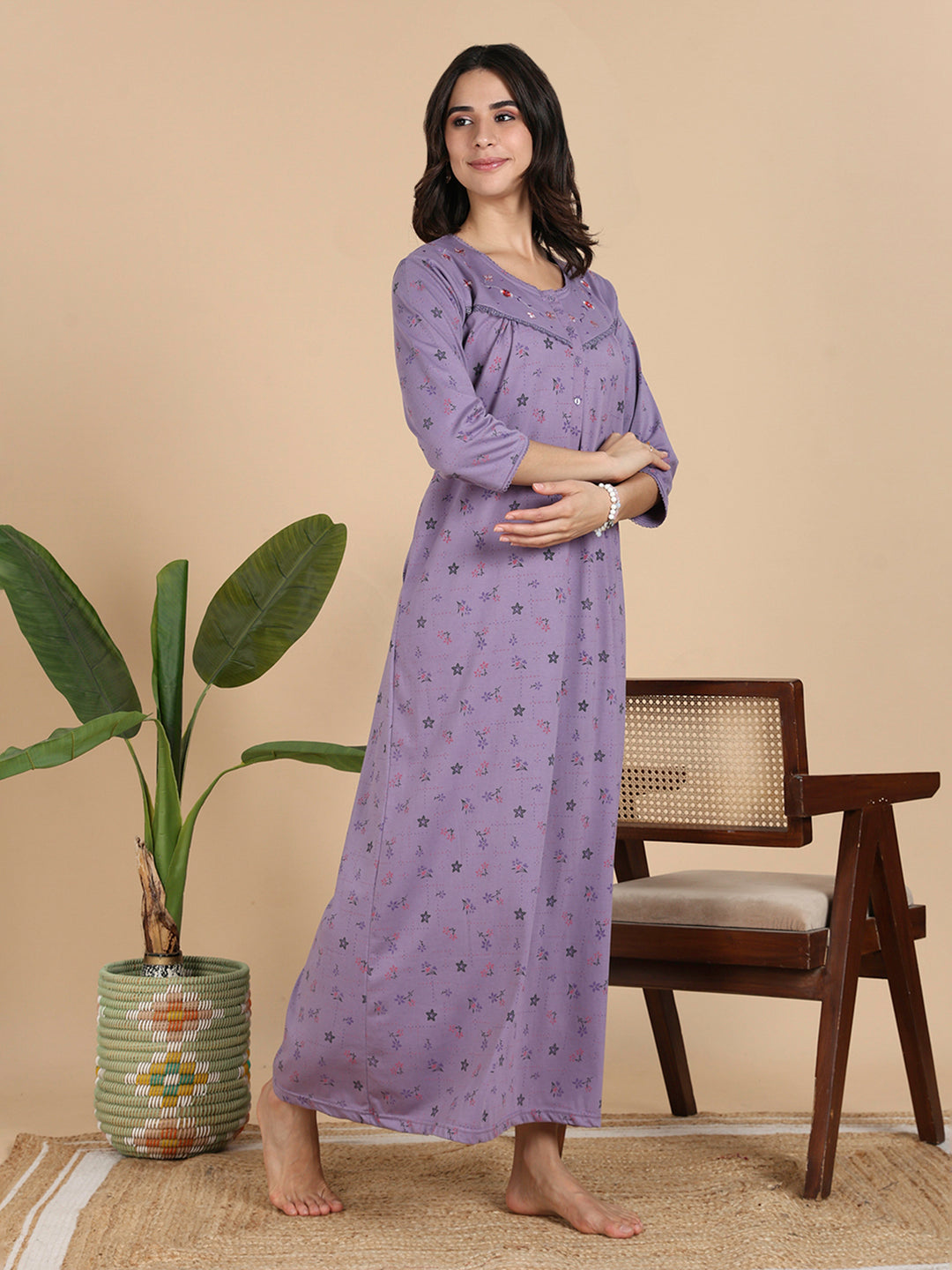 Lavender Cotton Blend 3/4 Sleeves Nighty Dress for Women