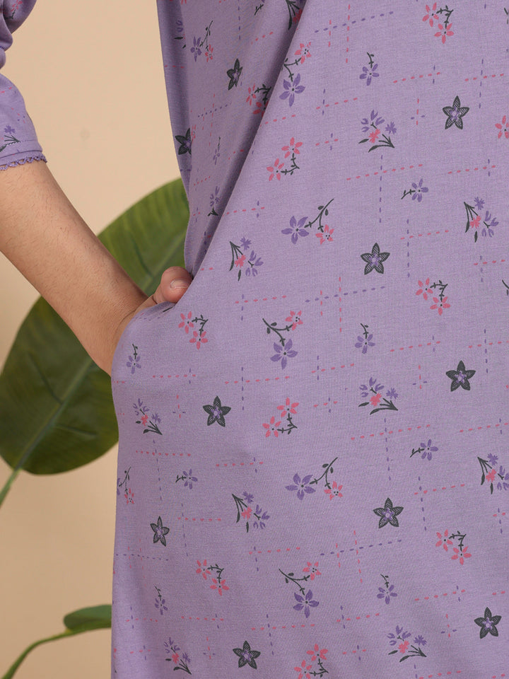 Lavender Cotton Blend 3/4 Sleeves Nighty Dress for Women