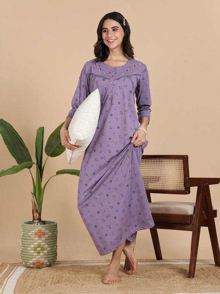 Lavender Cotton Blend 3/4 Sleeves Nighty Dress for Women