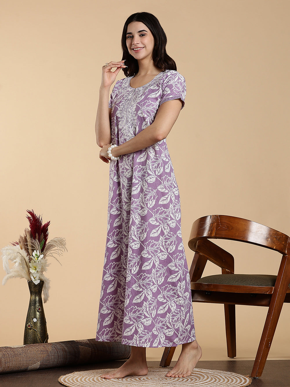 Lavender Embroidered Jaipuri Pure Cotton Nighty dress