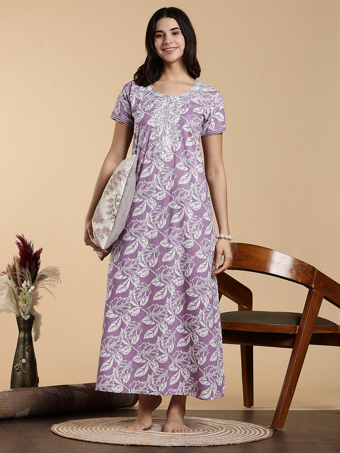 Lavender Embroidered Jaipuri Pure Cotton Nighty dress