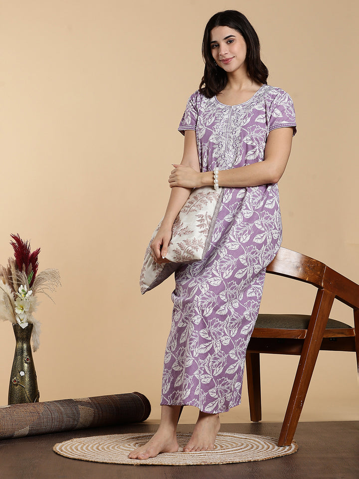 Lavender Embroidered Jaipuri Pure Cotton Nighty dress