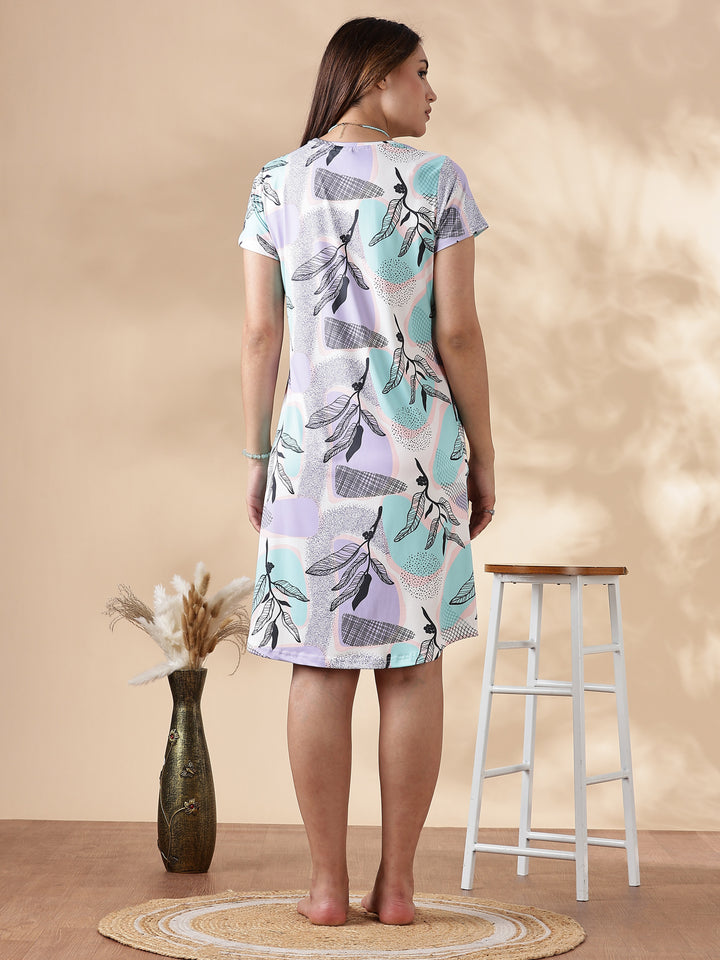 Abstract Leaf Printed Short Nighty for Women