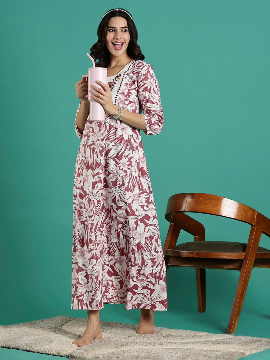 Magenta Embroidered Front - Cotton Night dress For Women