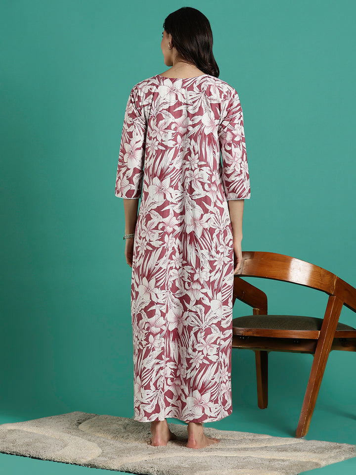 Magenta Embroidered Front - Cotton Night dress For Women