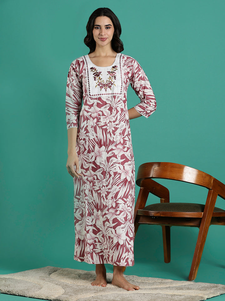 Magenta Embroidered Front - Cotton Night dress For Women