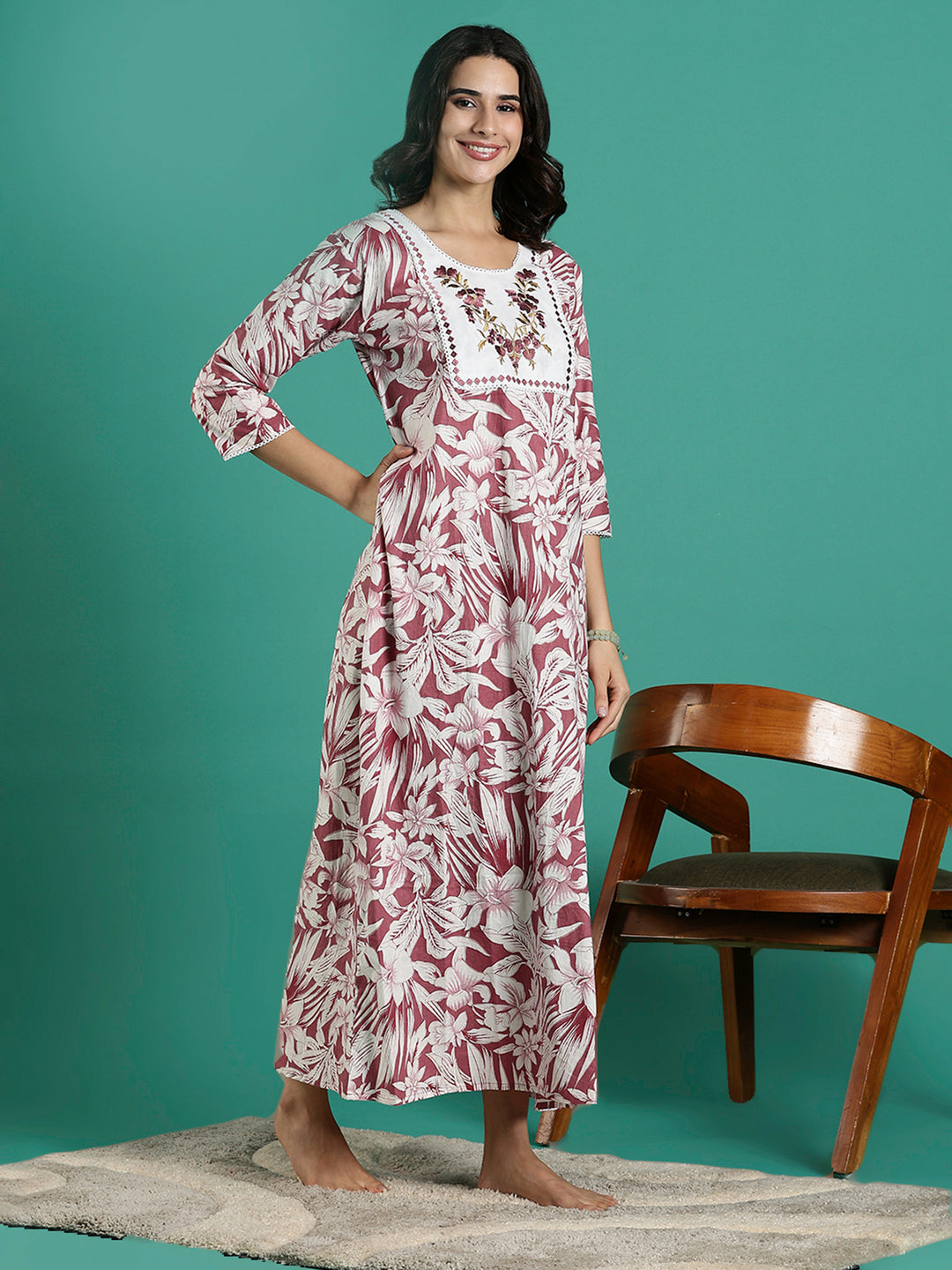Magenta Embroidered Front - Cotton Night dress For Women