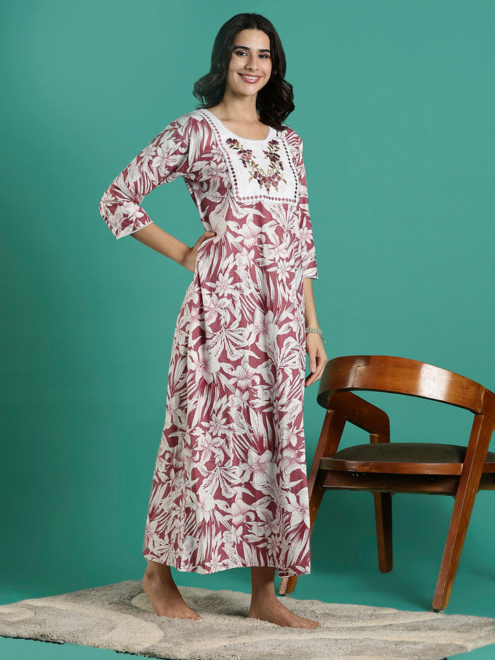Magenta Embroidered Front - Cotton Night dress For Women