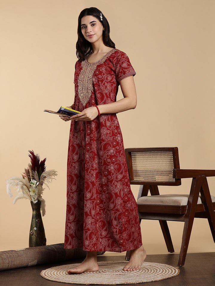 Heritage Maroon Embroidered Pure Cotton Nighty for Women