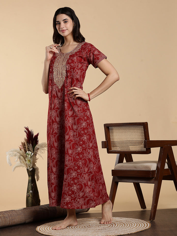 Heritage Maroon Embroidered Pure Cotton Nighty for Women
