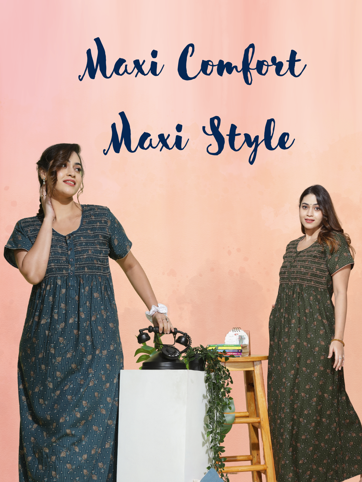 Women in green and teal maxi nighty for women featuring floral prints, pleats and relaxed lounge fit