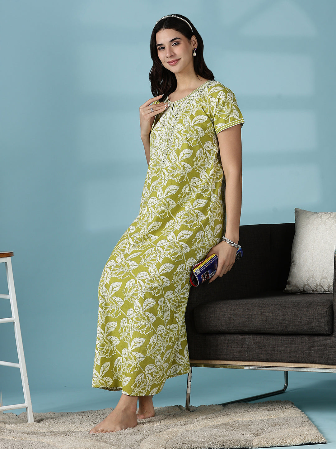 Mehndi Green Jaipuri Pure Branded Cotton Nighty for Women