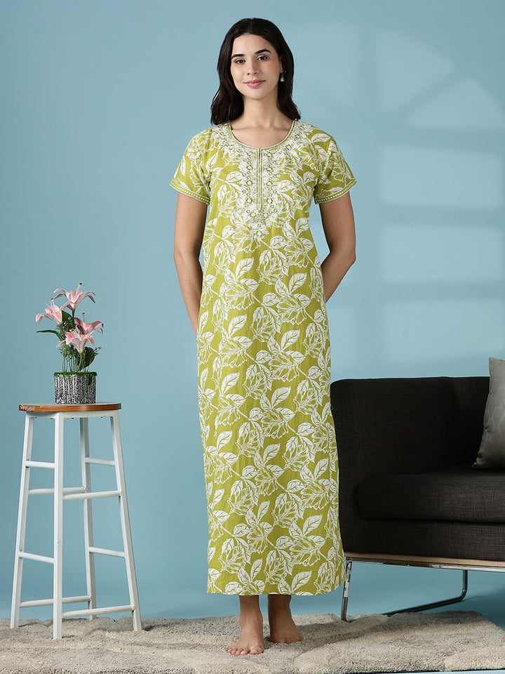 Mehndi Green Jaipuri Pure Branded Cotton Nighty for Women