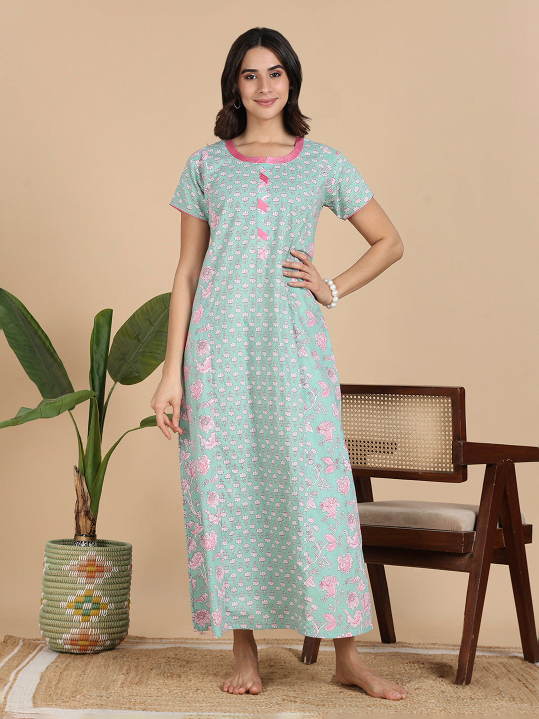 Classy Mint Green Flroal Print Pure Cotton Nighty for Women