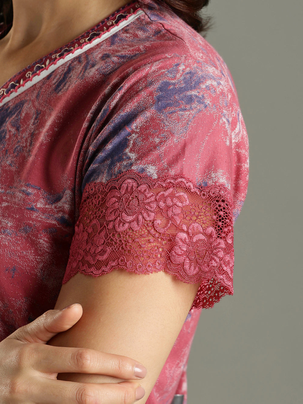 Mud Pink Hosiery Cotton Nighty For Women with Lace Sleeves