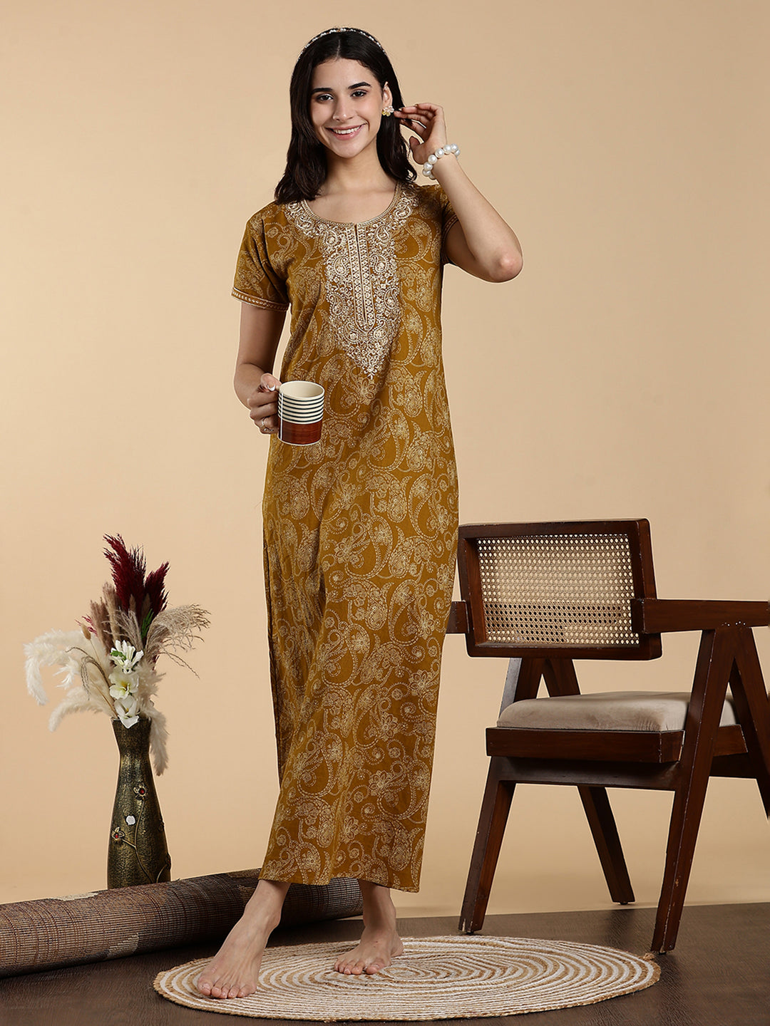 Sunlit Mustard Yellow Jaipuri Premium Cotton Womens Nighty