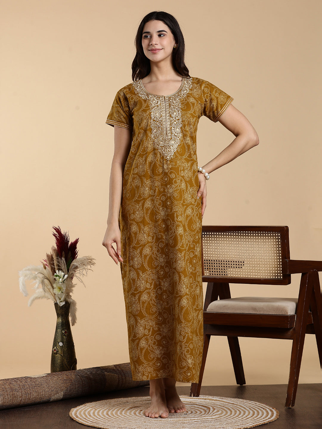Sunlit Mustard Yellow Jaipuri Premium Cotton Womens Nighty