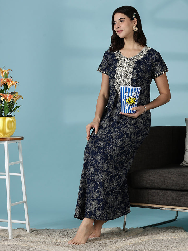 Royal Navy Blue Jaipuri Pure Cotton Nighty for Women