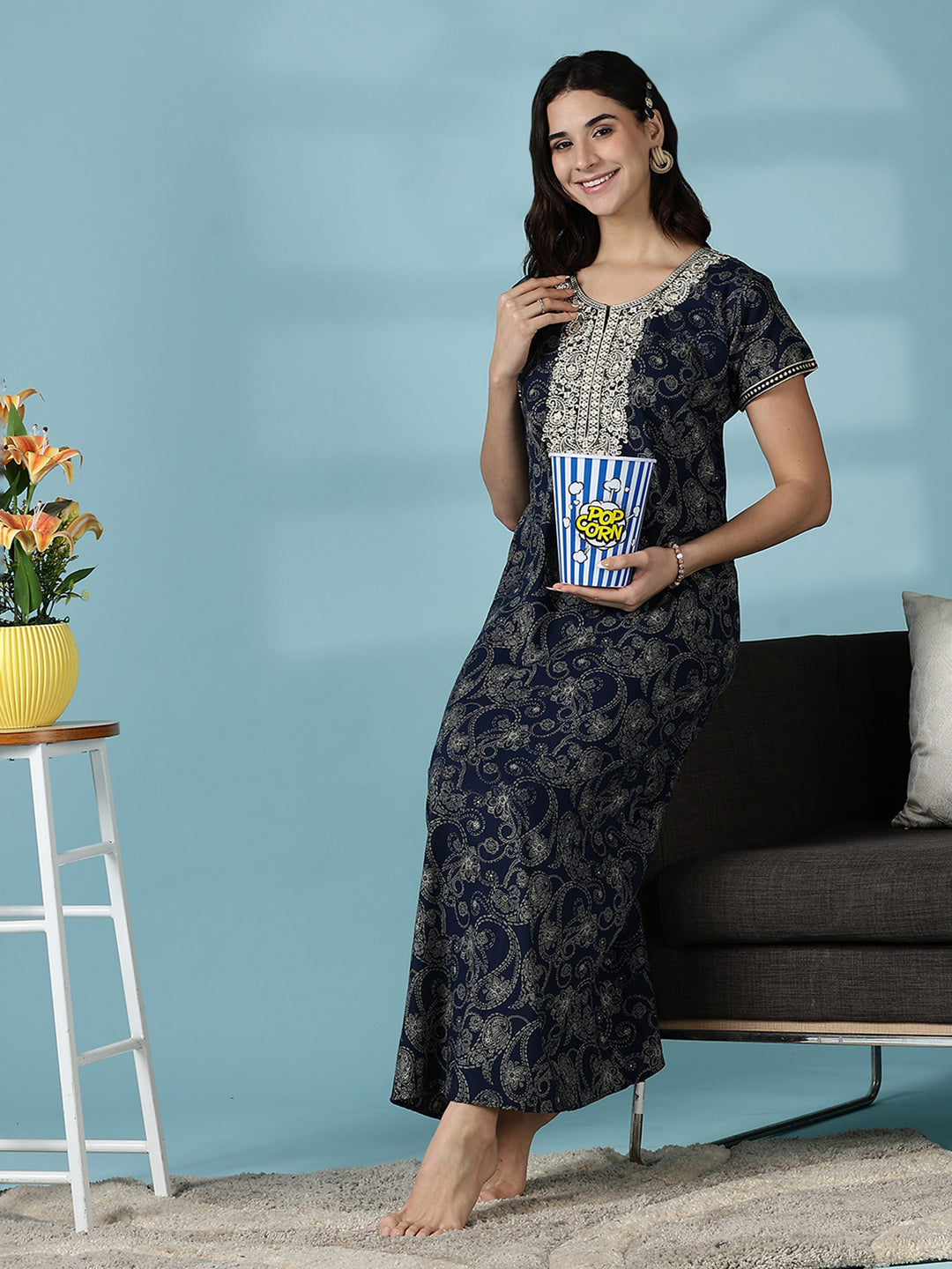 Royal Navy Blue Jaipuri Pure Cotton Nighty for Women