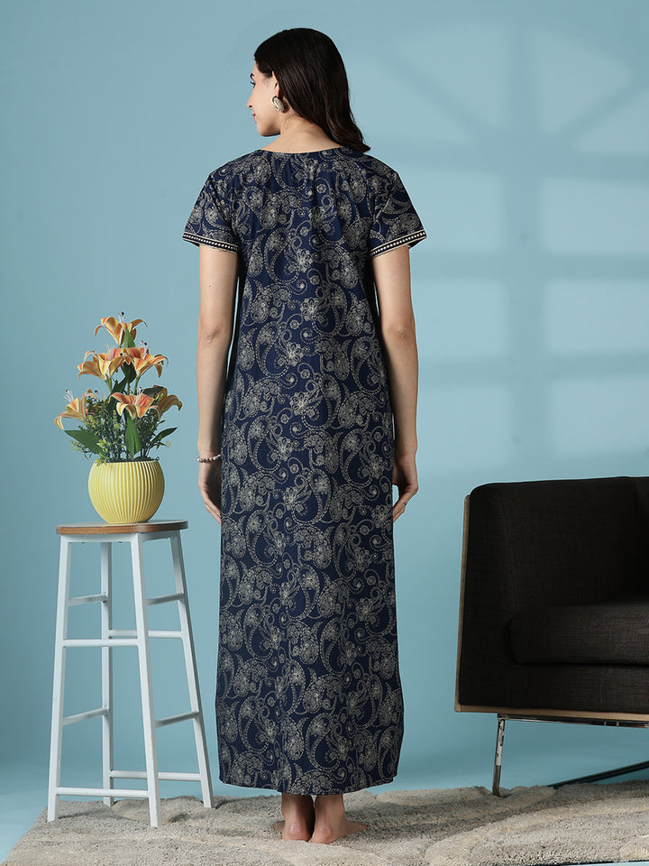 Royal Navy Blue Jaipuri Pure Cotton Nighty for Women