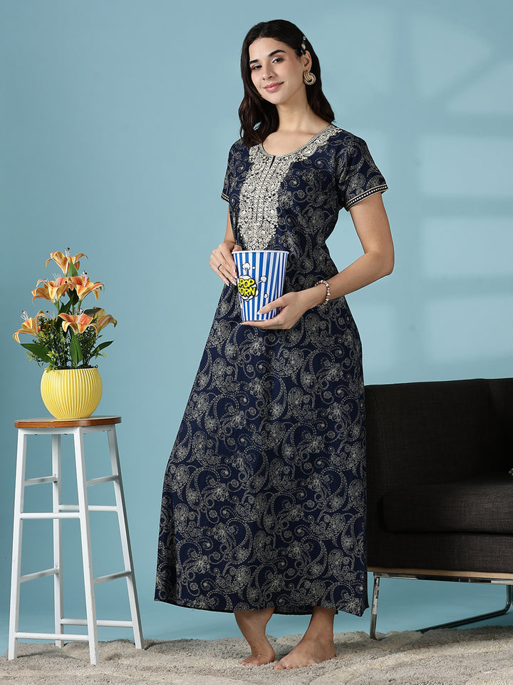 Royal Navy Blue Jaipuri Pure Cotton Nighty for Women