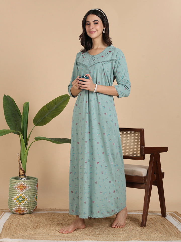 Ocean Mint Cotton Blend Front Open Nighty with Pocket And Feeding Buttons