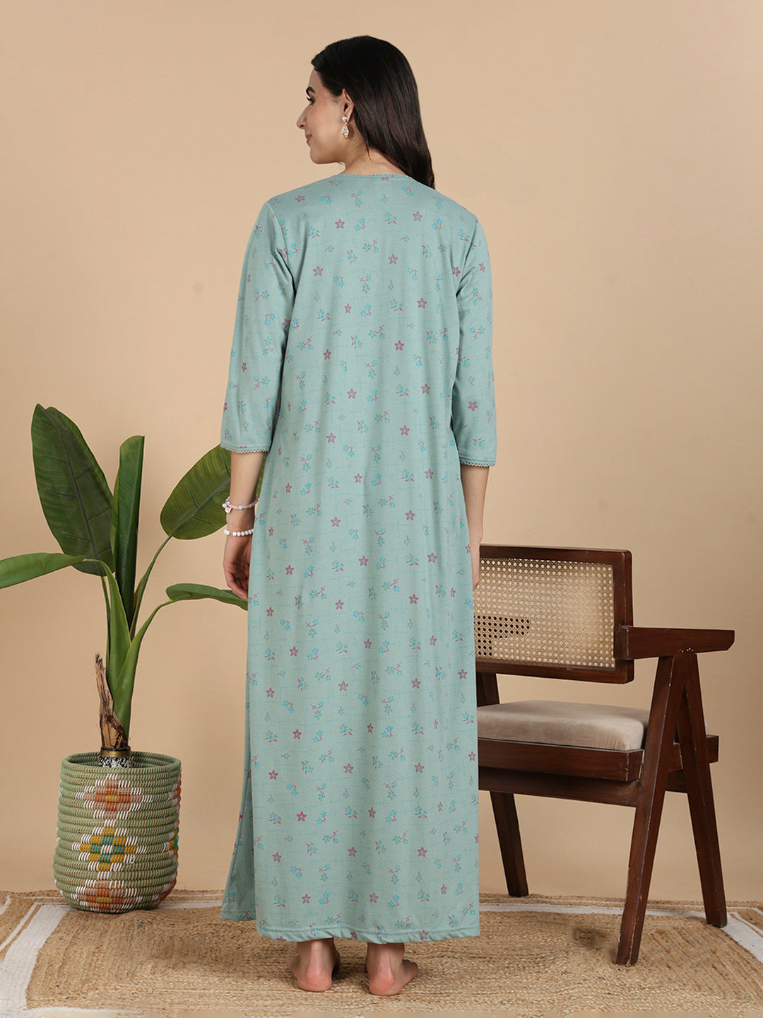 Ocean Mint Cotton Blend Front Open Nighty with Pocket And Feeding Buttons