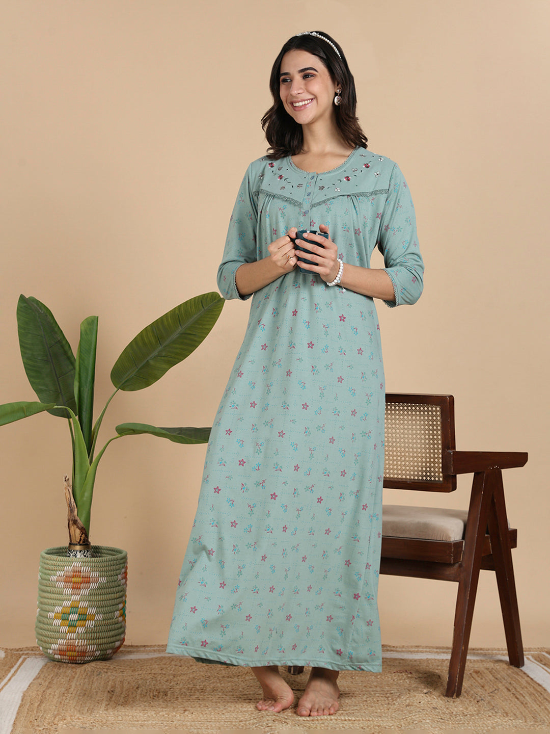 Ocean Mint Cotton Blend Front Open Nighty with Pocket And Feeding Buttons